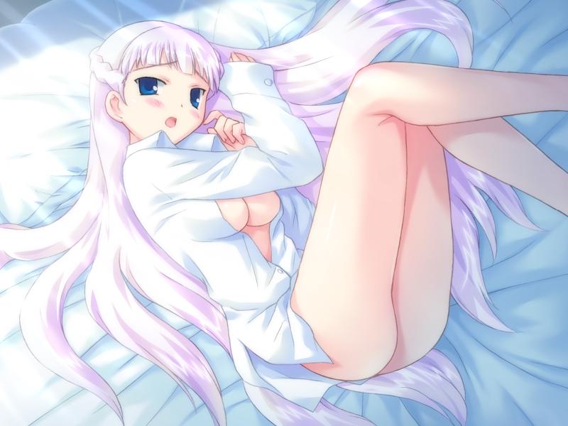 mutsumi masato, battlenote, galzoo island, game cg, 1girl, bed, blue eyes, blush, bottomless, braid, breasts, female focus, large breasts, legs, long hair, lying, no bra, no panties, open clothes, open mouth, open shirt, shirt, solo, underboob, very long hair, white hair