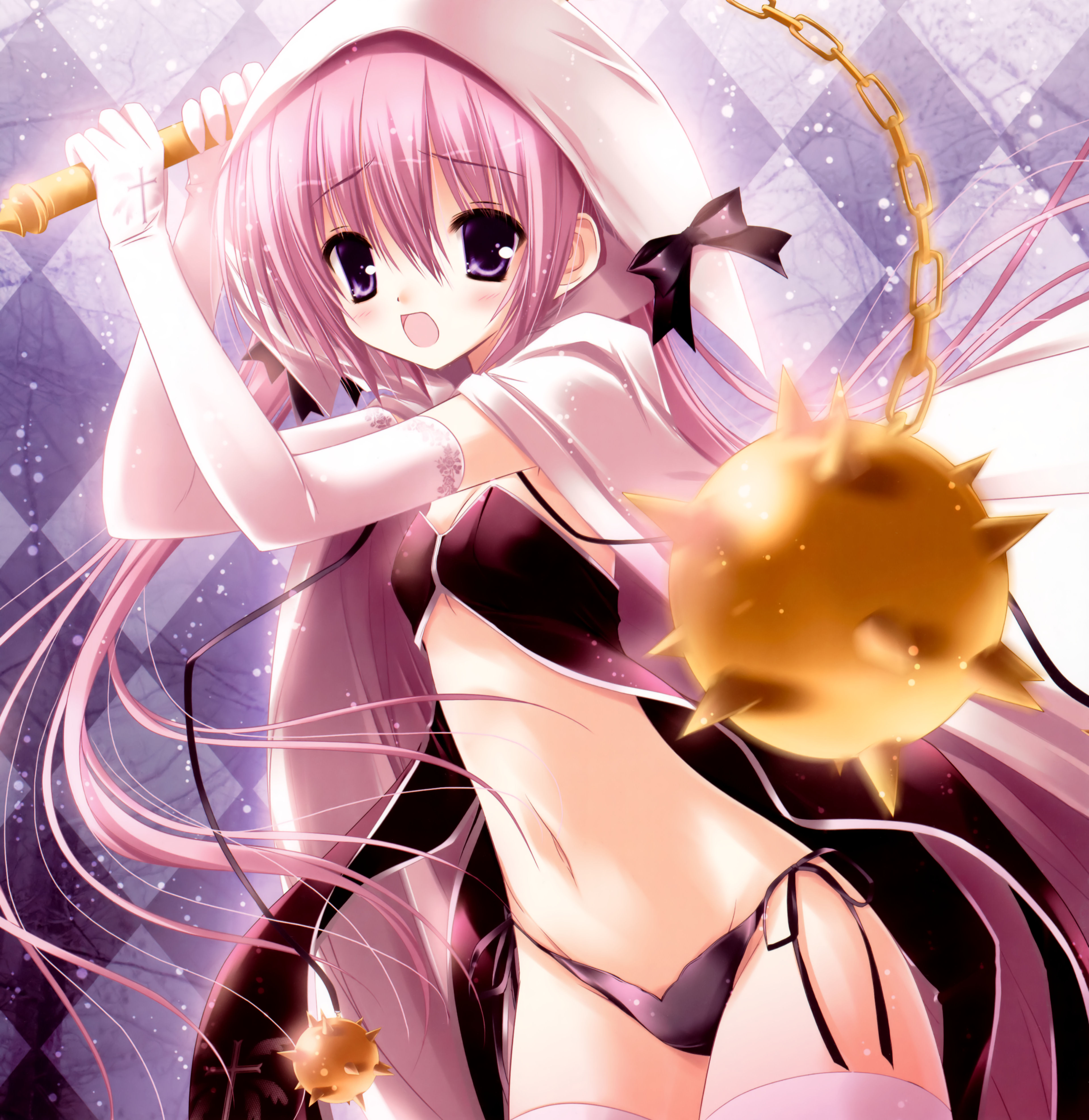 tinker bell (pixiv 10956015), absurdres, highres, 1girl, ball and chain (weapon), cape, elbow gloves, female focus, flail, flat chest, gloves, hat, long hair, mace, midriff, navel, panties, petite, pink hair, purple eyes, side-tie panties, solo, thighhighs, underwear, weapon