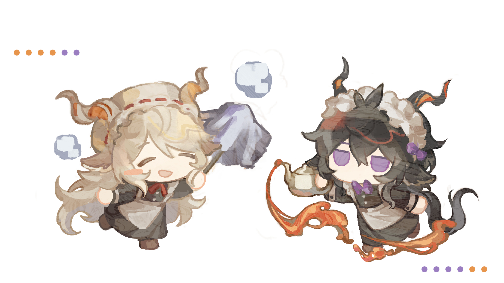 tomamo09, ebenholz (arknights), kreide (arknights), arknights, commentary, highres, …, 2boys, alternate costume, animal ears, apron, arm at side, black dress, black hair, blush stickers, bow, bowtie, chibi, closed eyes, crossdressing, crossdressing (mtf), dress, duster, enmaided, full body, goat boy, goat ears, goat horns, hat, holding, holding duster, holding teapot, horns, jitome, long hair, maid, maid headdress, male focus, mob cap, multiple boys, open mouth, purple bow, purple bowtie, purple eyes, red bow, red bowtie, simple background, smile, spilling, teapot, white apron, white background, white hair, white hat