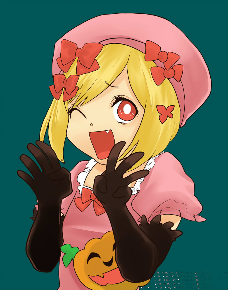 lambdadelta, umineko no naku koro ni, 00s, 1girl, blonde hair, female focus, hat, orange hair, pink hat, red eyes, ribbon, short hair, solo