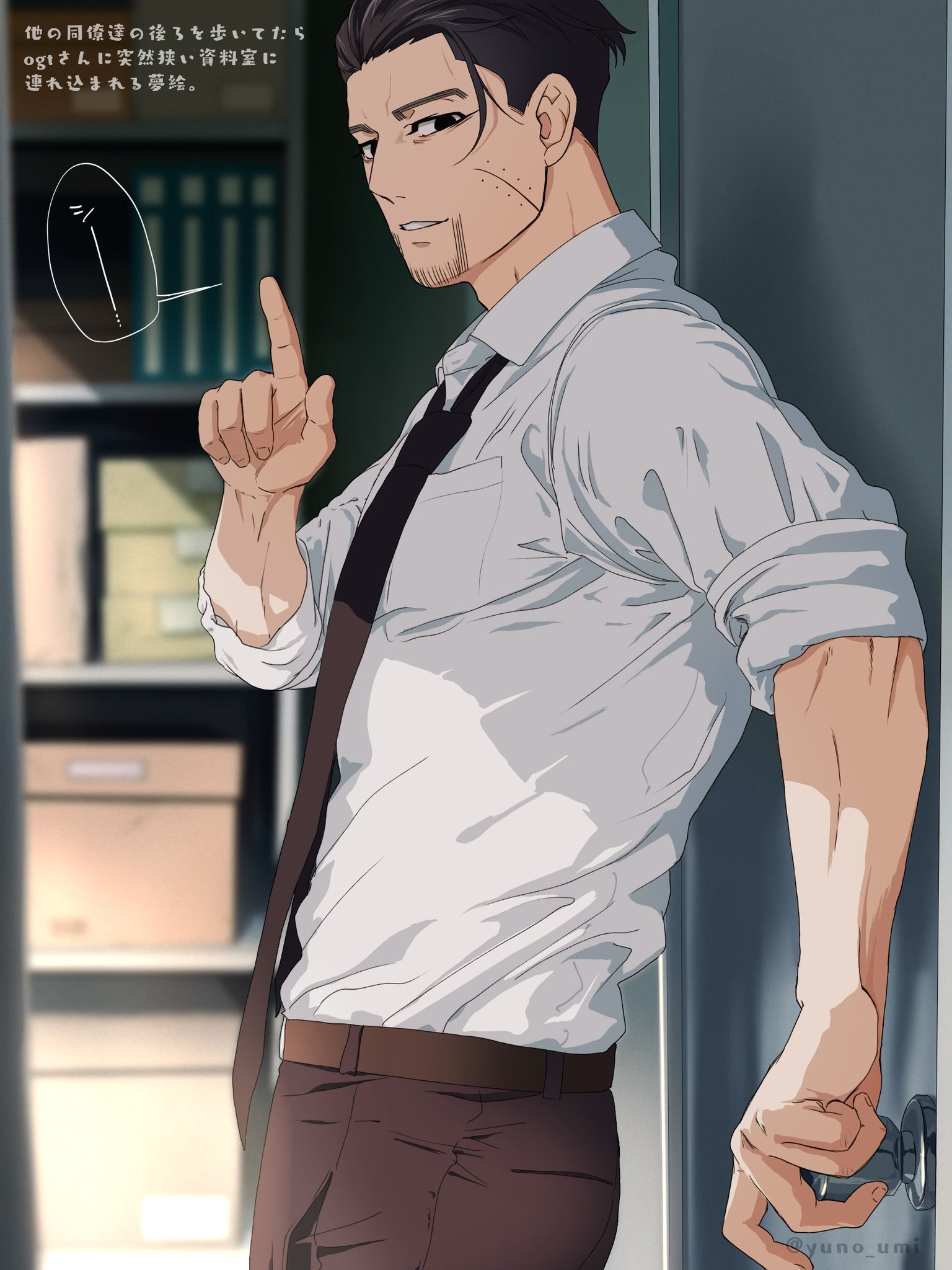 washiko (rasuko), ogata hyakunosuke, golden kamuy, commentary request, highres, translation request, 1boy, belt, black eyes, black hair, black necktie, blurry, blurry background, breast pocket, brown belt, collared shirt, contemporary, door handle, facial hair, fingernails, goatee stubble, index finger raised, looking at viewer, male focus, necktie, parted lips, pocket, scar, scar on face, shirt, short hair, solo, speech bubble, stubble, white shirt