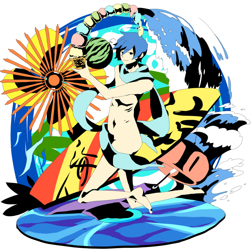 hashimochi, kaito (vocaloid), vocaloid, 1boy, abstract, barefoot, blue hair, blue scarf, food, fruit, holding, holding food, holding fruit, ice cream, male focus, naked scarf, nude, pop art, scarf, solo, surfboard, watermelon