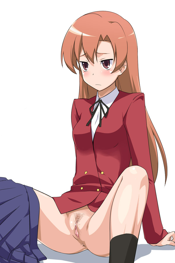 youkan, kihara maya, toradora!, 00s, 1girl, anus, blazer, blush, female focus, female pubic hair, gyaru, jacket, kogal, long hair, no panties, pubic hair, pussy, school uniform, simple background, skirt, solo, uncensored, white background
