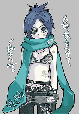 chrome dokuro, katekyo hitman reborn!, artist request, lowres, source request, translation request, 00s, 1girl, alternate costume, aqua scarf, bandages, belt, bikini, bikini top only, blue hair, bra, breasts, eyepatch, female focus, goth fashion, grey background, jewelry, necklace, scarf, short hair, simple background, solo, stomach tattoo, swimsuit, tattoo, underwear