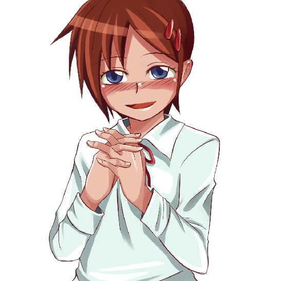 kunikai sakuri, demonophobia, blue eyes, brown hair, hair ornament, hairclip, school uniform, short hair, smile