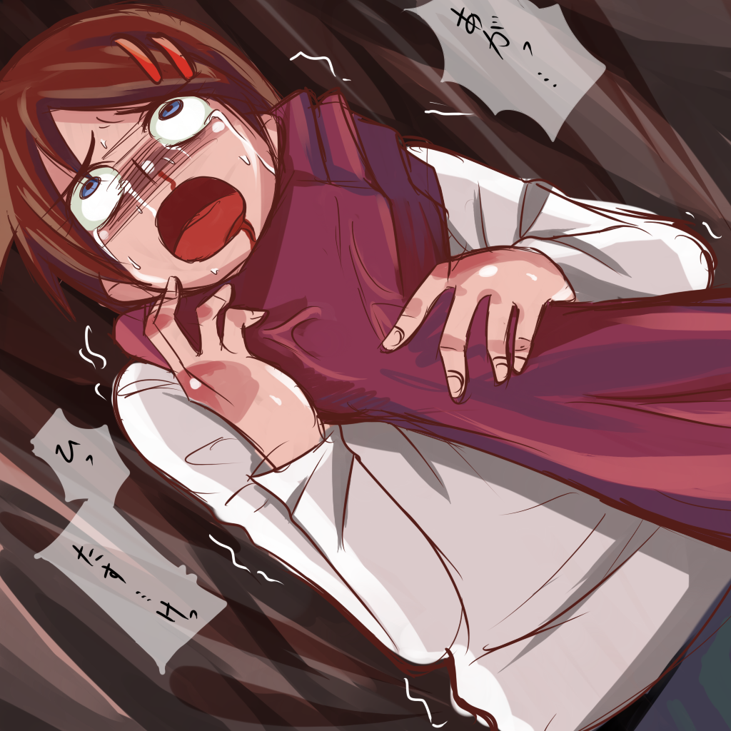 kunikai sakuri, demonophobia, asphyxiation, blood, blue eyes, brown hair, guro, hair ornament, hairclip, school uniform, short hair, strangling, tears
