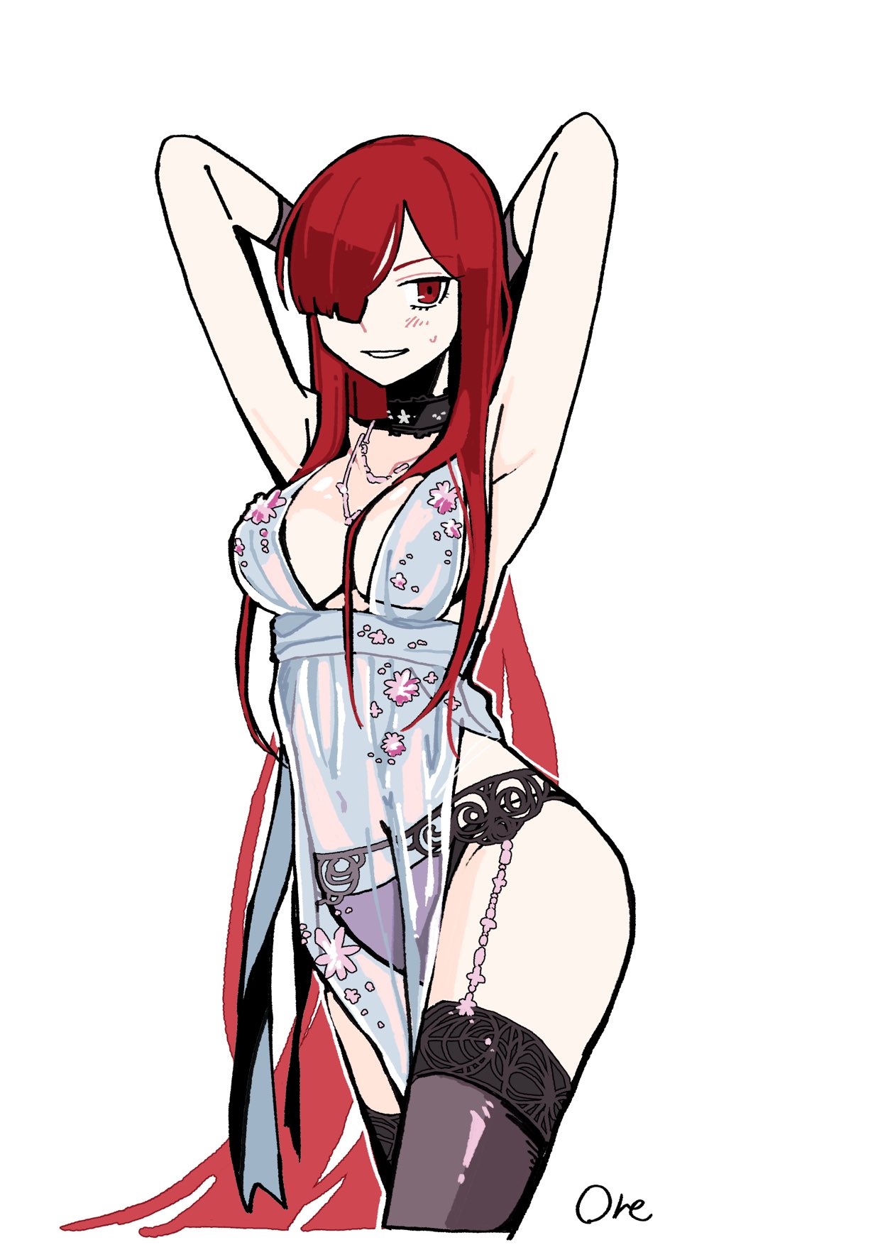 goma1021, artoria pendragon (fate), artoria pendragon (lancer alter) (fate), artoria pendragon (royal icing) (fate), oda nobunaga (fate), oda nobunaga (maou avenger) (fate), fate/grand order, fate (series), highres, 1girl, alternate costume, armpits, arms behind head, artoria pendragon (lancer alter) (fate) (cosplay), artoria pendragon (royal icing) (fate) (cosplay), black thighhighs, blush, breasts, cleavage, cosplay, grin, hair over one eye, lingerie, long hair, looking at viewer, medium breasts, navel, one eye covered, panties, red eyes, red hair, revealing clothes, see-through clothes, simple background, smile, solo, thighhighs, underwear, white background