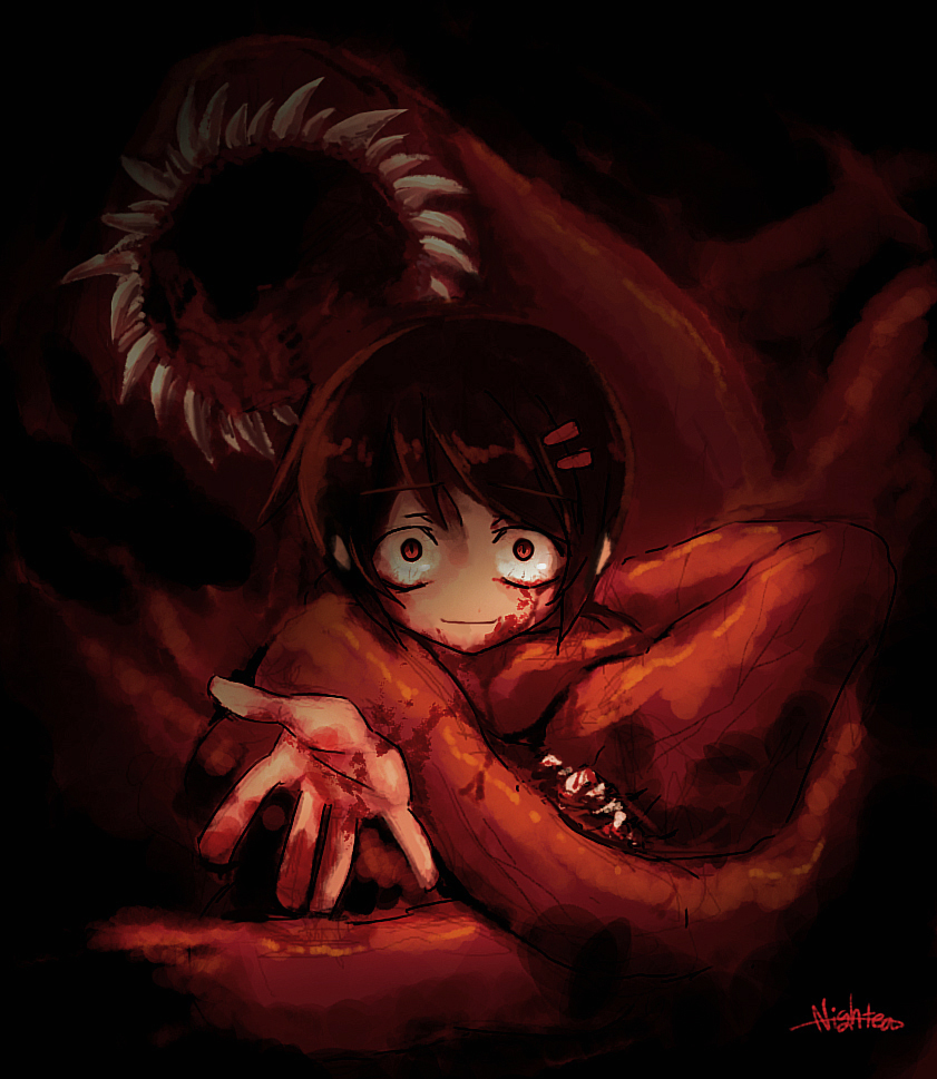 nightea, kunikai sakuri, demonophobia, blood, crazy, crazy eyes, guro, hair ornament, hairpin, monster, tentacles