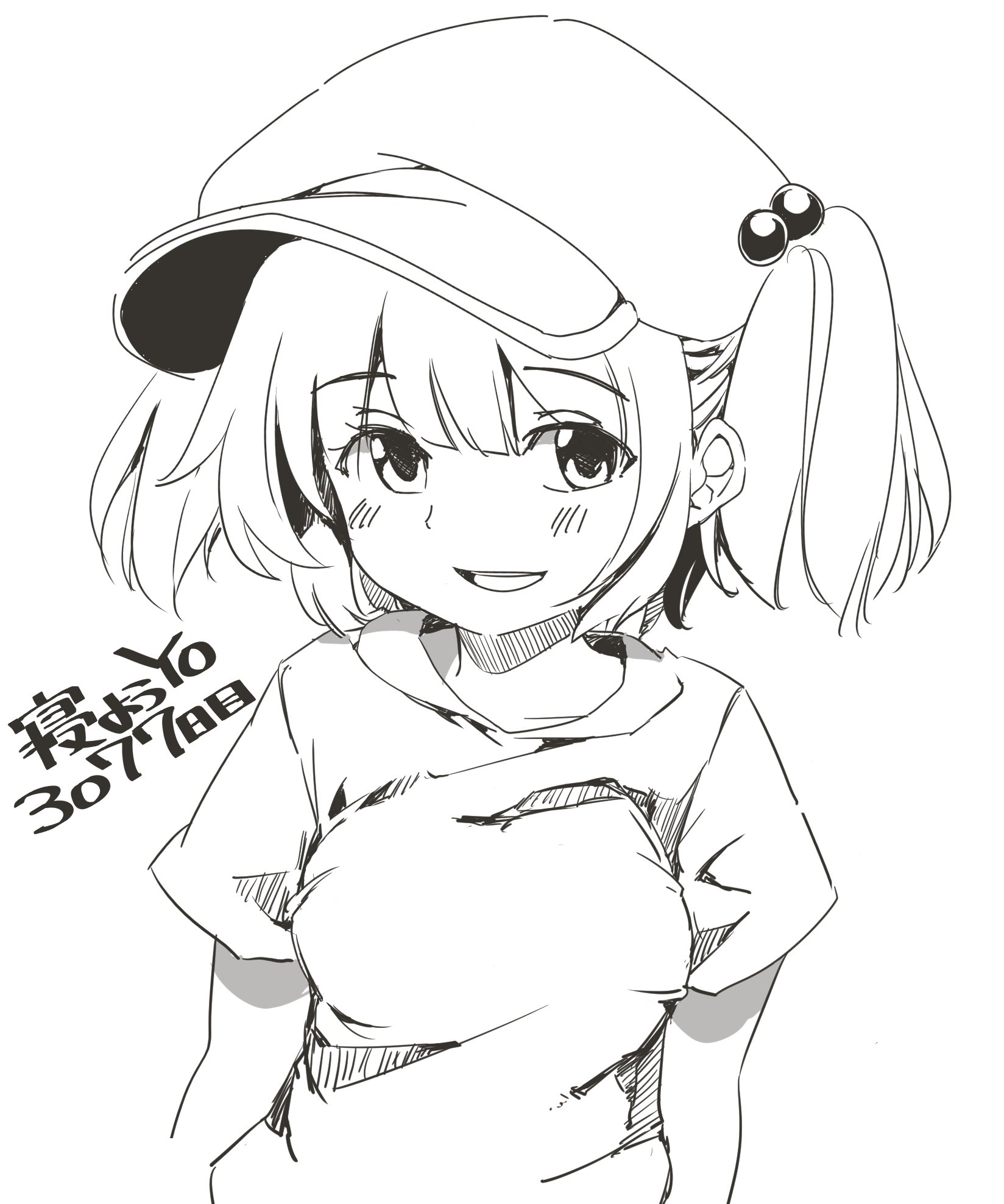 cactas7, kawashiro nitori, touhou, highres, 1girl, blush, breasts, collarbone, flat cap, hair bobbles, hair ornament, hat, looking at viewer, medium breasts, monochrome, open mouth, shirt, short sleeves, smile, solo, t-shirt, upper body