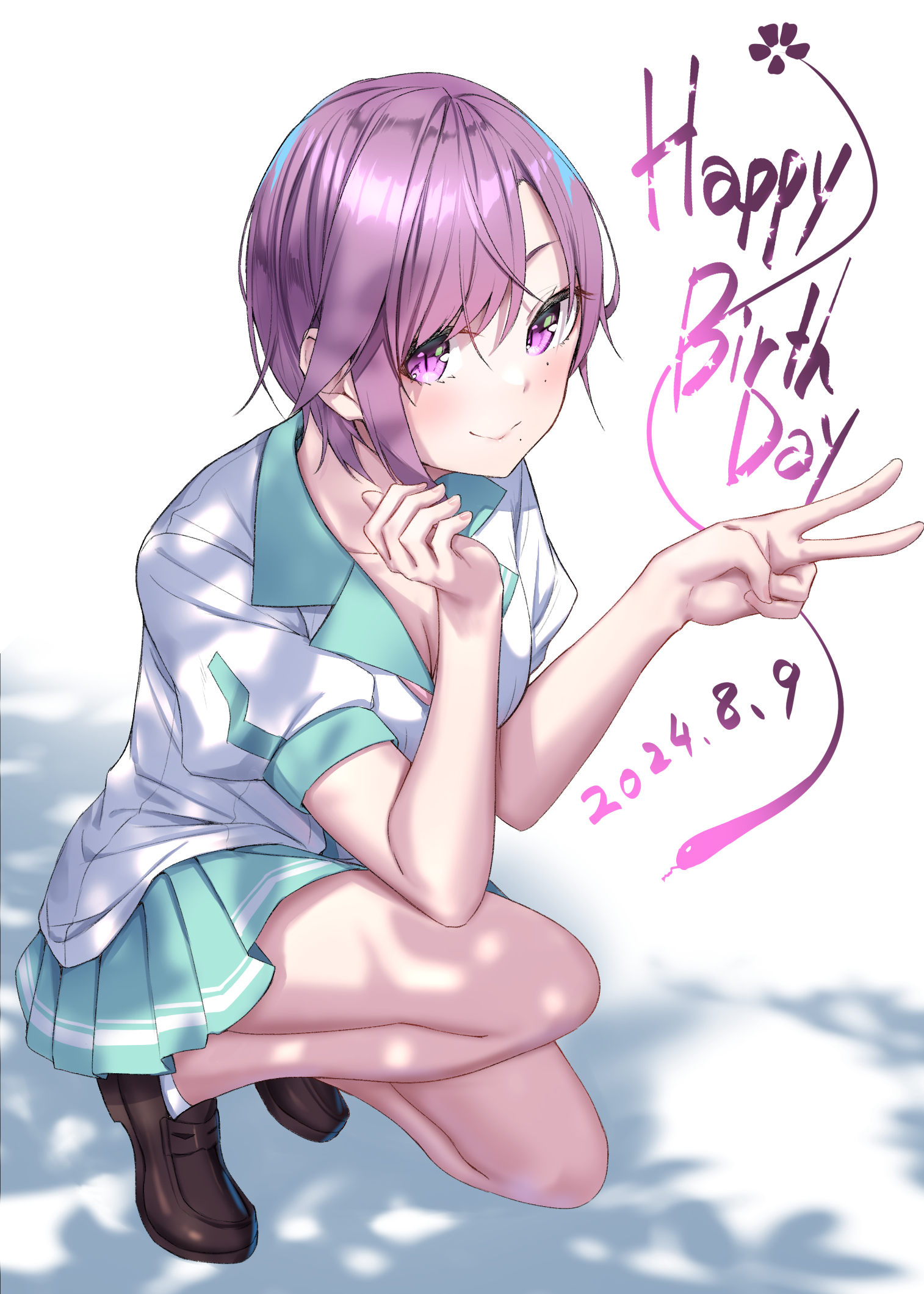 sahara386, hebizono kyouko, kamikakushi no eden, commentary request, highres, 1girl, aqua skirt, brown shoes, closed mouth, dated, full body, happy birthday, loafers, looking at viewer, pleated skirt, purple eyes, purple hair, school uniform, shirt, shoes, short hair, skirt, slit pupils, smile, solo, standing, standing on one leg, v, white background, white shirt
