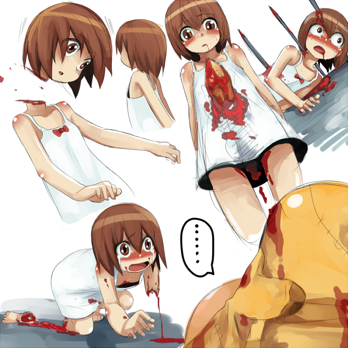 lucifer, amputee, blood, blush, brown eyes, brown hair, decapitation, dress, guro, impaled, short hair, tears, towada hatsuka, xenophobia