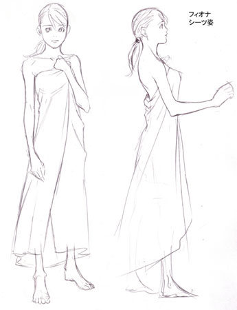 fiona belli, capcom, demento, artist request, concept art, lowres, barefoot, bed sheet, monochrome, ponytail, sketch