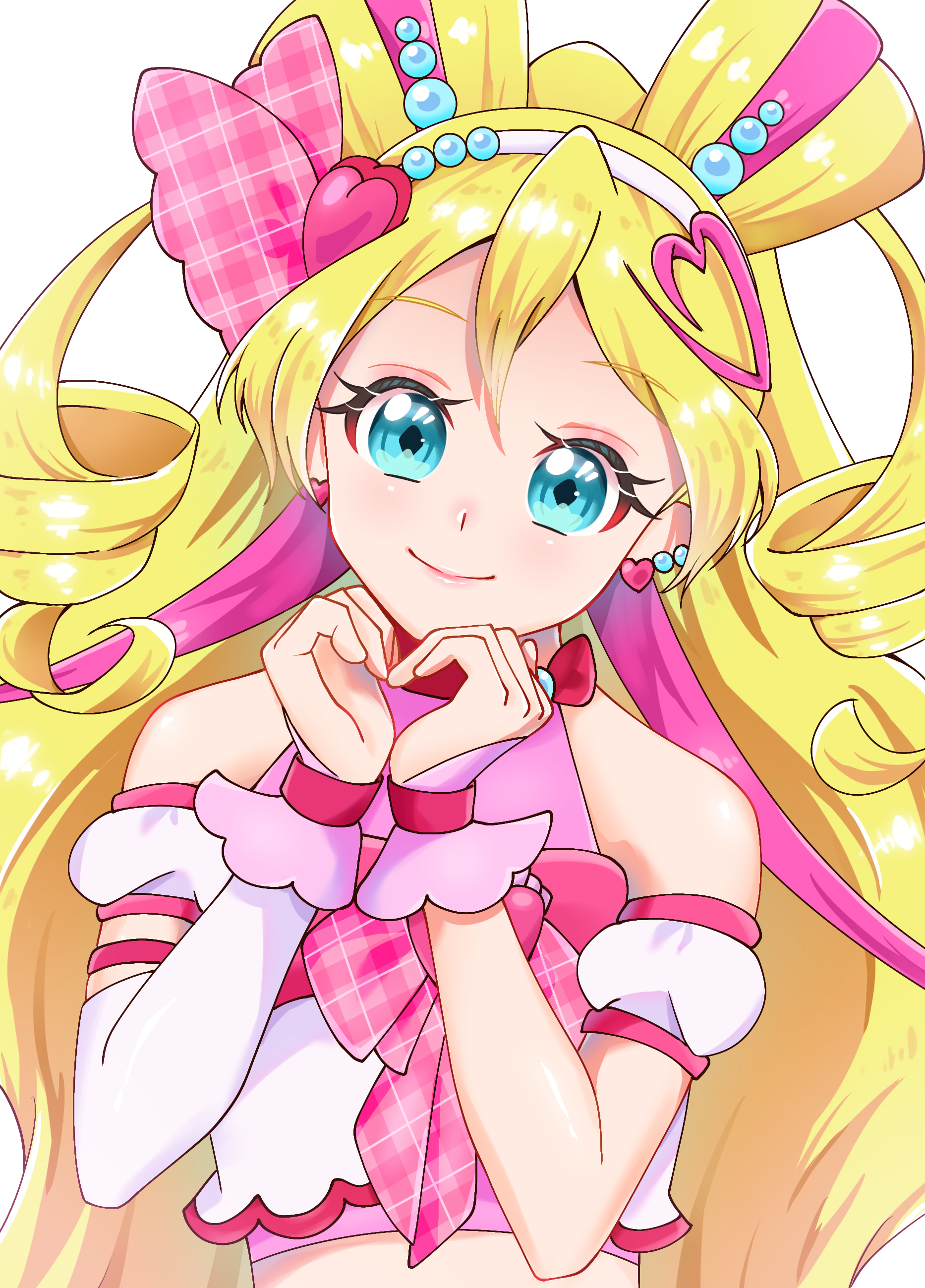 zumomo (amvs8557), cure idol, sakura uta (precure), kimi to idol precure, precure, absurdres, highres, 1girl, aqua eyes, blonde hair, bow, closed mouth, detached sleeves, hair between eyes, hair ornament, heart, heart ear ornament, heart hair ornament, heart hands, jewelry, long hair, looking at viewer, magical girl, pink shirt, plaid bow, shirt, short sleeves, simple background, sleeveless, sleeveless shirt, smile, solo, upper body, very long hair, wavy hair, white background