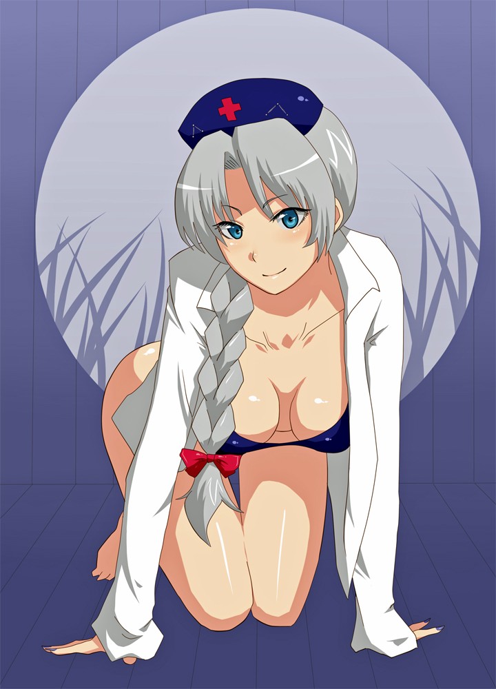 jont, yagokoro eirin, touhou, 1girl, all fours, barefoot, blue eyes, bra, braid, breasts, cleavage, female focus, hat, kneeling, large breasts, lingerie, open clothes, open shirt, shirt, solo, underwear, white hair
