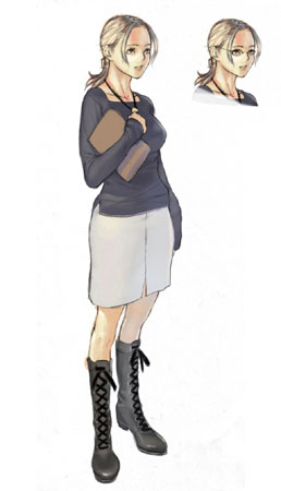 fiona belli, capcom, demento, artist request, concept art, lowres, blonde hair, boots, glasses, jewelry, necklace, ponytail, skirt