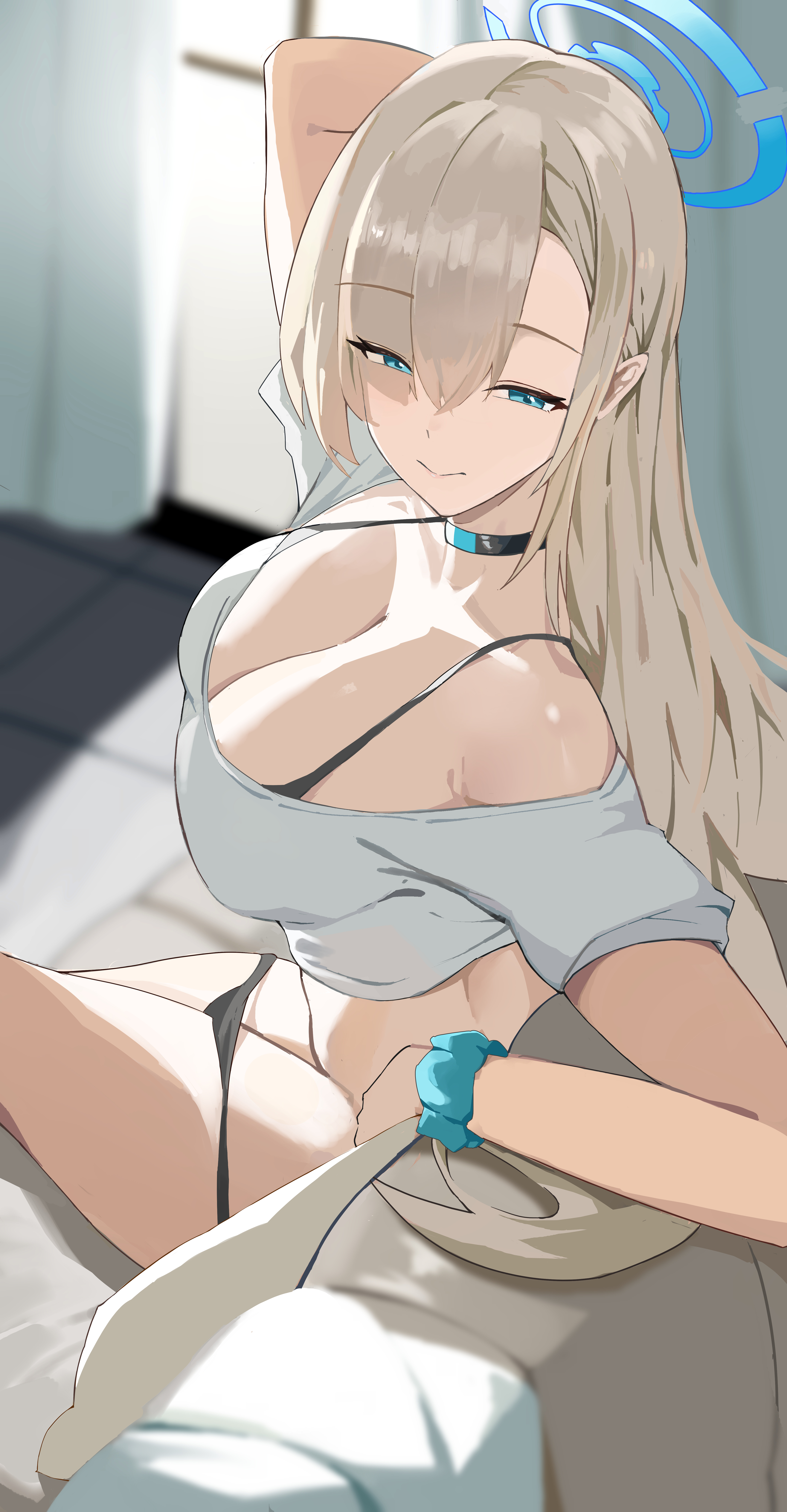 kuriball, asuna (blue archive), blue archive, absurdres, highres, 1girl, black bra, black choker, black panties, blonde hair, blue eyes, blue halo, bra, breasts, choker, cleavage, curtains, halo, indoors, large breasts, long hair, looking at viewer, panties, panty pull, scrunchie, solo, tank top, underwear, very long hair, white tank top, wrist scrunchie
