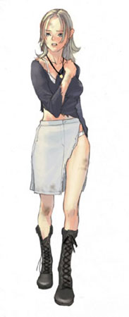 fiona belli, capcom, demento, artist request, concept art, lowres, 1girl, blonde hair, boots, bra, bruise, injury, jewelry, necklace, panties, shirt, skirt, torn clothes, torn shirt, torn skirt, underwear