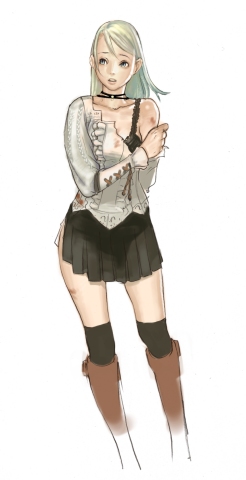 fiona belli, capcom, demento, artist request, concept art, lowres, 1girl, blonde hair, blouse, boots, bra, bruise, choker, grey eyes, injury, miniskirt, off shoulder, shirt, skirt, socks, torn clothes, torn shirt, underwear