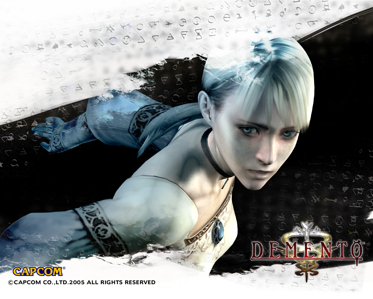 fiona belli, capcom, demento, official art, official wallpaper, aqua eyes, blonde hair, blouse, choker, ponytail, shirt