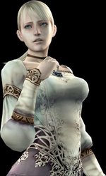 fiona belli, capcom, demento, lowres, official art, 1girl, blonde hair, blouse, choker, jewelry, ponytail, shirt