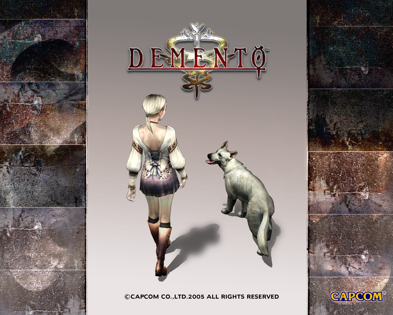fiona belli, hewie, capcom, demento, official art, official wallpaper, back, blonde hair, blouse, boots, dog, miniskirt, ponytail, scar, shirt, skirt