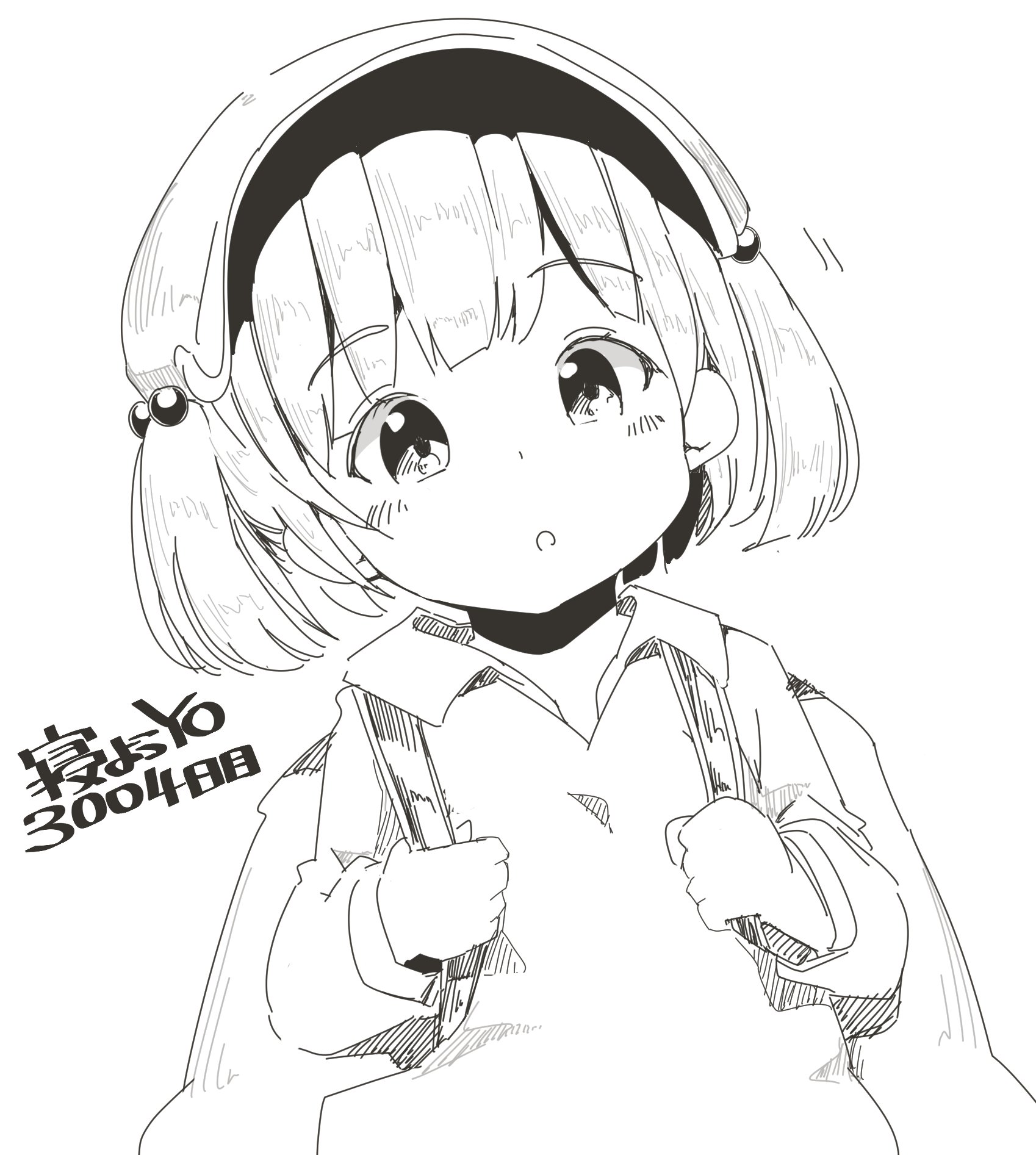 cactas7, kawashiro nitori, touhou, highres, 1girl, backpack, bag, blush, flat cap, hair bobbles, hair ornament, hat, long sleeves, looking at viewer, monochrome, open mouth, solo, upper body