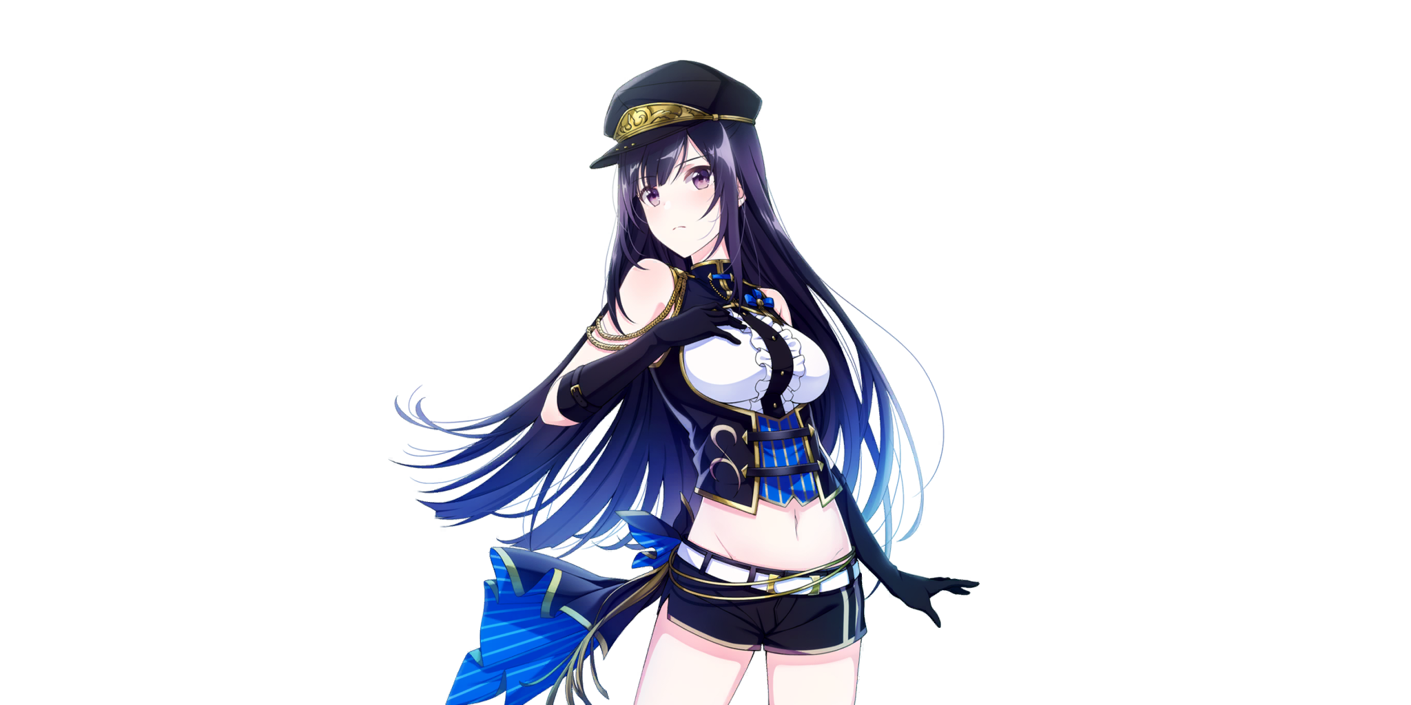 yue (lapis re:lights), lapis re:lights, game cg, highres, official art, third-party source, 1girl, bare shoulders, belt, black gloves, black hat, black shorts, black vest, blunt ends, breasts, closed mouth, cowboy shot, elbow gloves, gloves, groin, hand on own chest, hat, long hair, medium breasts, midriff, navel, purple eyes, purple hair, shirt, shorts, side slit, simple background, solo, transparent background, vest, white belt, white shirt