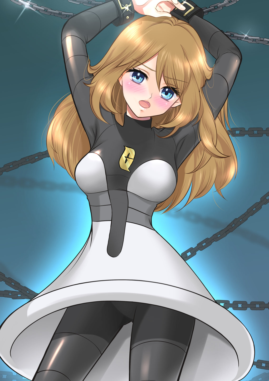 maskmaya1, mars (pokemon), serena (pokemon), nintendo, pokemon, pokemon dppt, pokemon xy, highres, 1girl, blonde hair, blue eyes, blush, breasts, chain, cosplay, cuffs, dress, handcuffs, logo, long hair, long sleeves, looking at viewer, mars (pokemon) (cosplay), open mouth, skirt, solo, team galactic, team galactic uniform, thighhighs