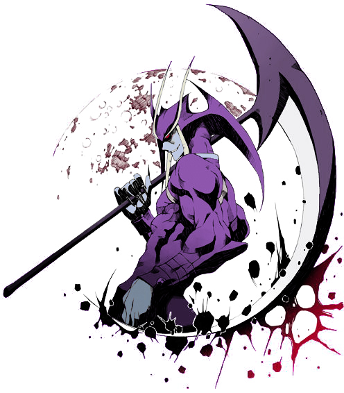 jedah dohma, capcom, darkstalkers, blood, blue skin, colored skin, moon, purple outfit, red eyes, scythe
