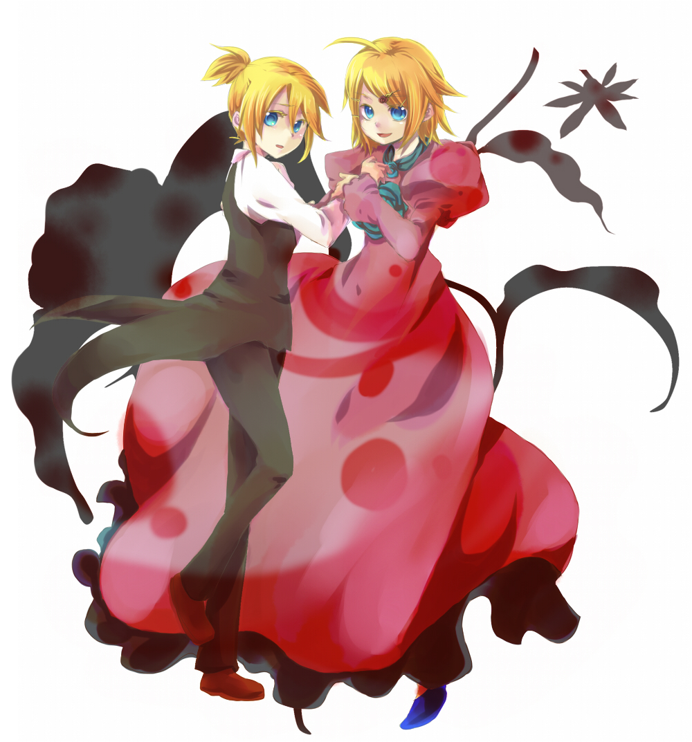 hashimochi, allen avadonia, kagamine len, kagamine rin, aku no musume (vocaloid), evillious nendaiki, vocaloid, 1boy, 1girl, blonde hair, blue eyes, brother and sister, dress, flower, formal clothes, hair ornament, hairclip, short hair, siblings, suit, twins