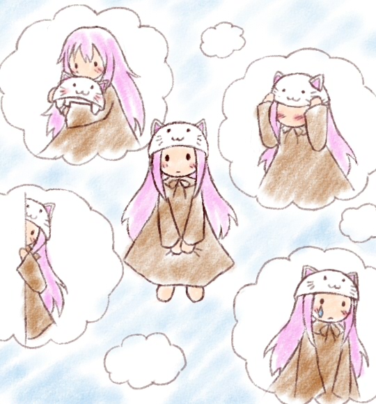 kahoru (artist), megurine luka, megurine luka (toeto), toeto (vocaloid), vocaloid, traditional media, animal hat, blush, cat hat, hat, long hair, pink hair, teardrop, tears, very long hair