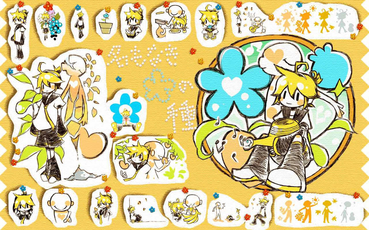 hashimochi, kagamine len, vocaloid, translation request, 1boy, banana, blonde hair, chibi, detached sleeves, flower, food, fruit, male focus, short hair