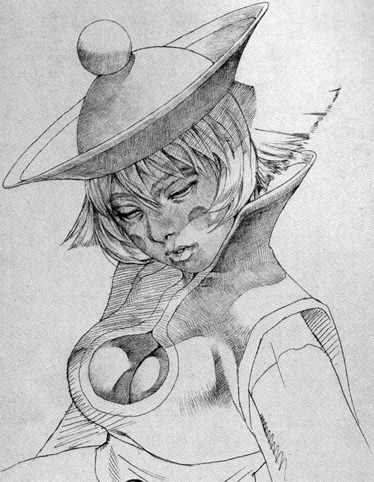 bengus, hsien-ko, capcom, darkstalkers, graphite (medium), traditional media, 1girl, blush, blush stickers, breasts, cleavage, cleavage cutout, closed eyes, clothing cutout, female focus, flipped hair, greyscale, hat, high collar, jiangshi, monochrome, qingdai guanmao, short hair, sketch, solo