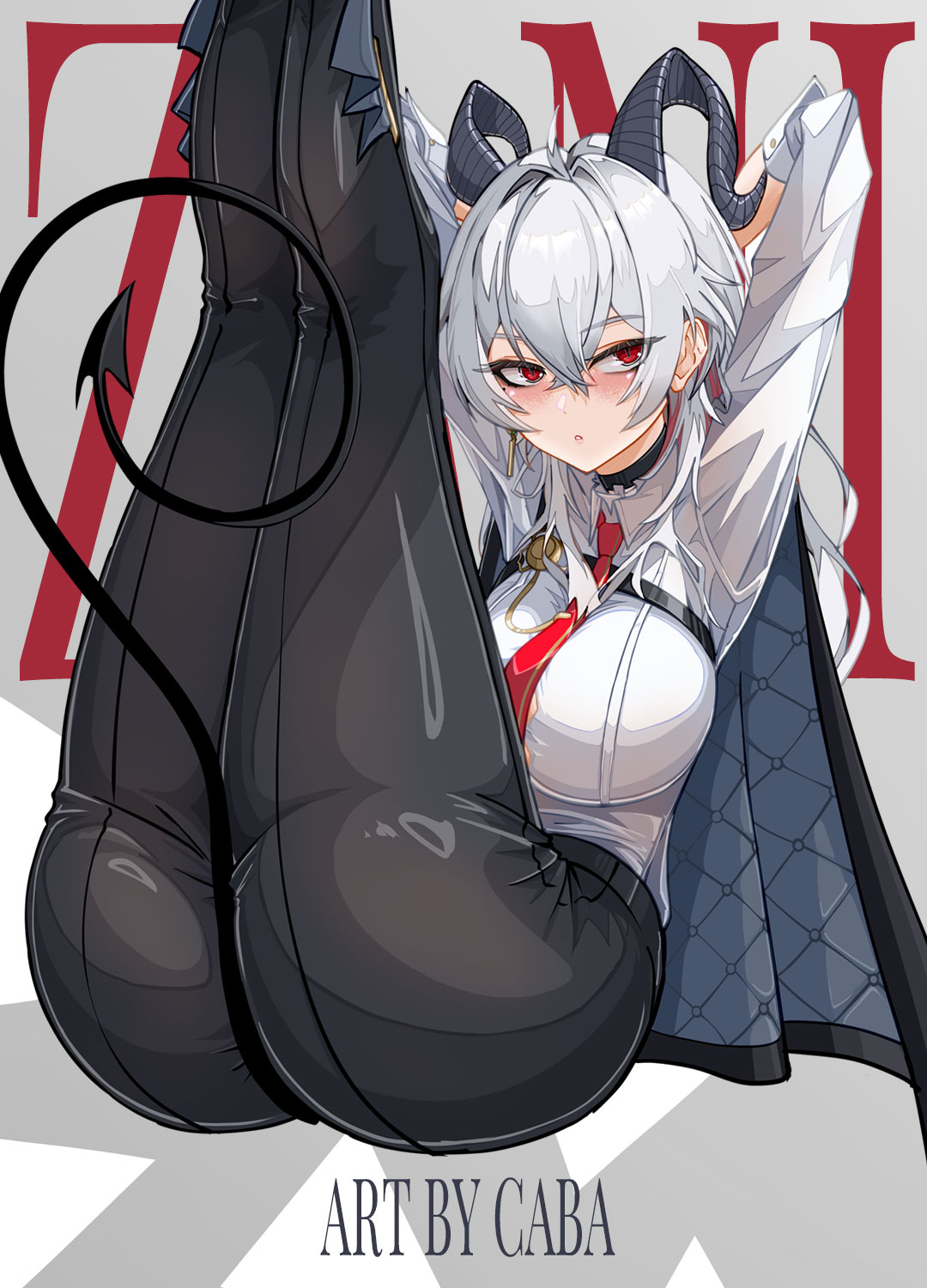 carlos cabs, zani (wuthering waves), wuthering waves, commentary, highres, paid reward available, 1girl, ahoge, arms behind head, arms up, artist name, ass, black choker, black horns, black jacket, black pants, black tail, blush, breasts, character name, chest harness, choker, collared shirt, curled horns, demon tail, feet out of frame, grey hair, hair between eyes, harness, horns, jacket, jacket on shoulders, large breasts, legs up, long hair, looking to the side, multicolored hair, necktie, pants, parted lips, red eyes, red necktie, shirt, sideways glance, solo, streaked hair, tail, white shirt