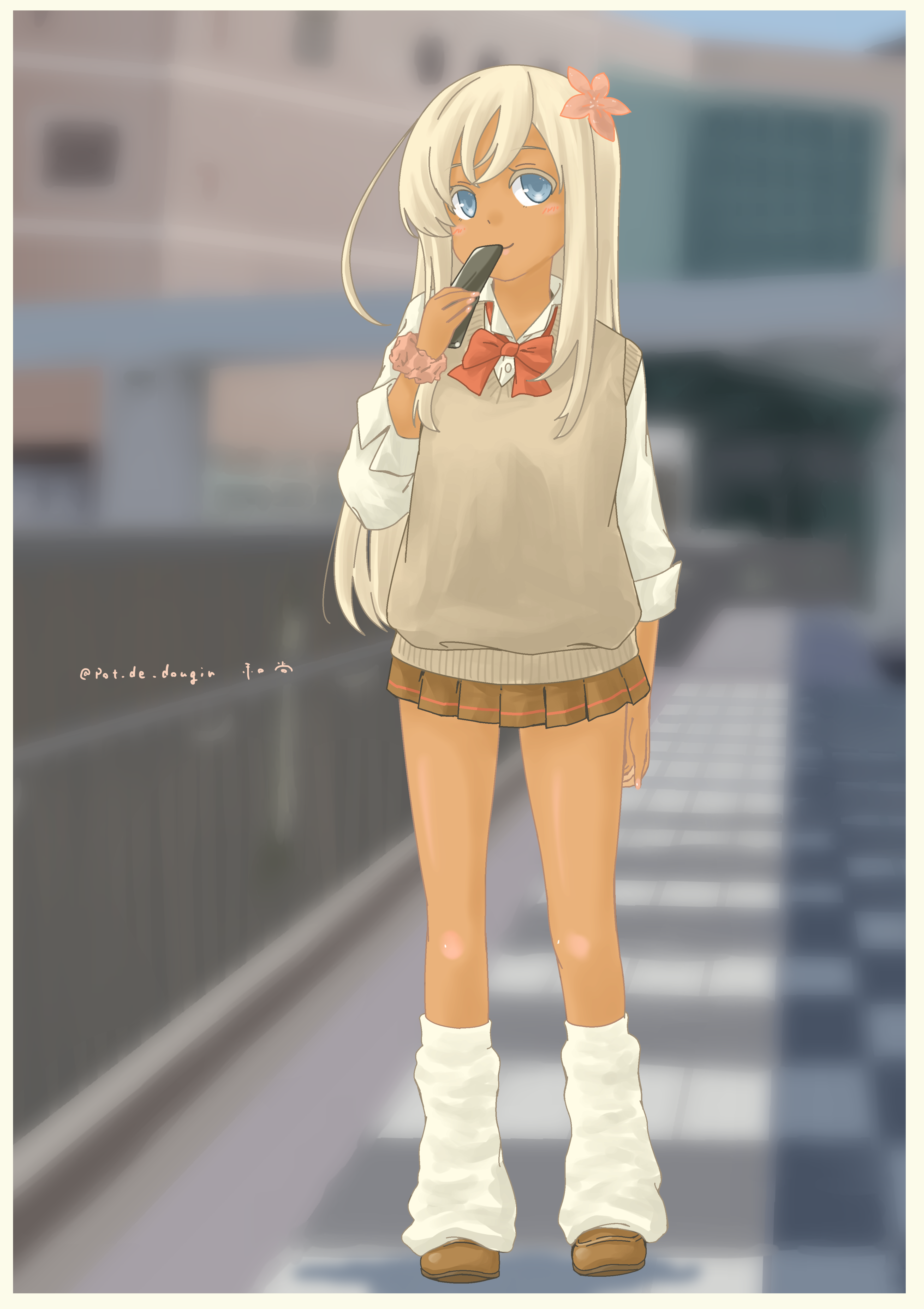 pot-de, ro-500 (kancolle), kantai collection, absurdres, commentary request, highres, 1girl, alternate costume, blonde hair, blue eyes, blurry, blurry background, blush, border, bow, bowtie, brown shoes, brown skirt, brown sweater vest, cellphone, collared shirt, crossed bangs, day, dress shirt, flip phone, flower, full body, gyaru, hair flower, hair ornament, holding, holding phone, long hair, long sleeves, looking at viewer, loose bowtie, loose socks, microskirt, outdoors, phone, pink flower, pleated skirt, real world location, red bow, red bowtie, school uniform, scrunchie, shadow, shirt, shoes, sidelocks, signature, skirt, smile, socks, solo, standing, sweater vest, tan, twitter username, very long hair, white border, wrist scrunchie, yokosuka