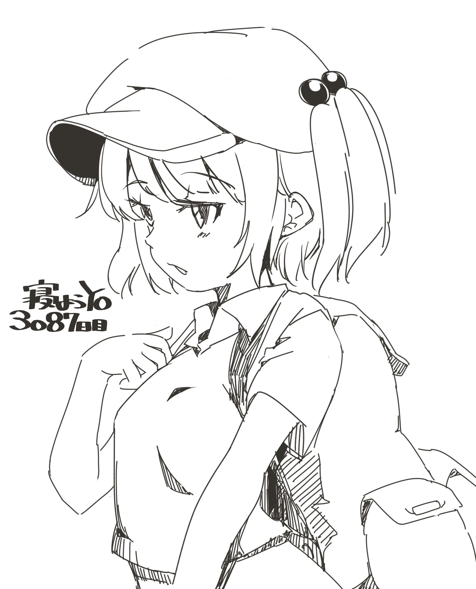 cactas7, kawashiro nitori, touhou, highres, 1girl, backpack, bag, blush, breasts, flat cap, hair bobbles, hair ornament, hat, medium breasts, monochrome, open mouth, pocket, short sleeves, solo, upper body, white background