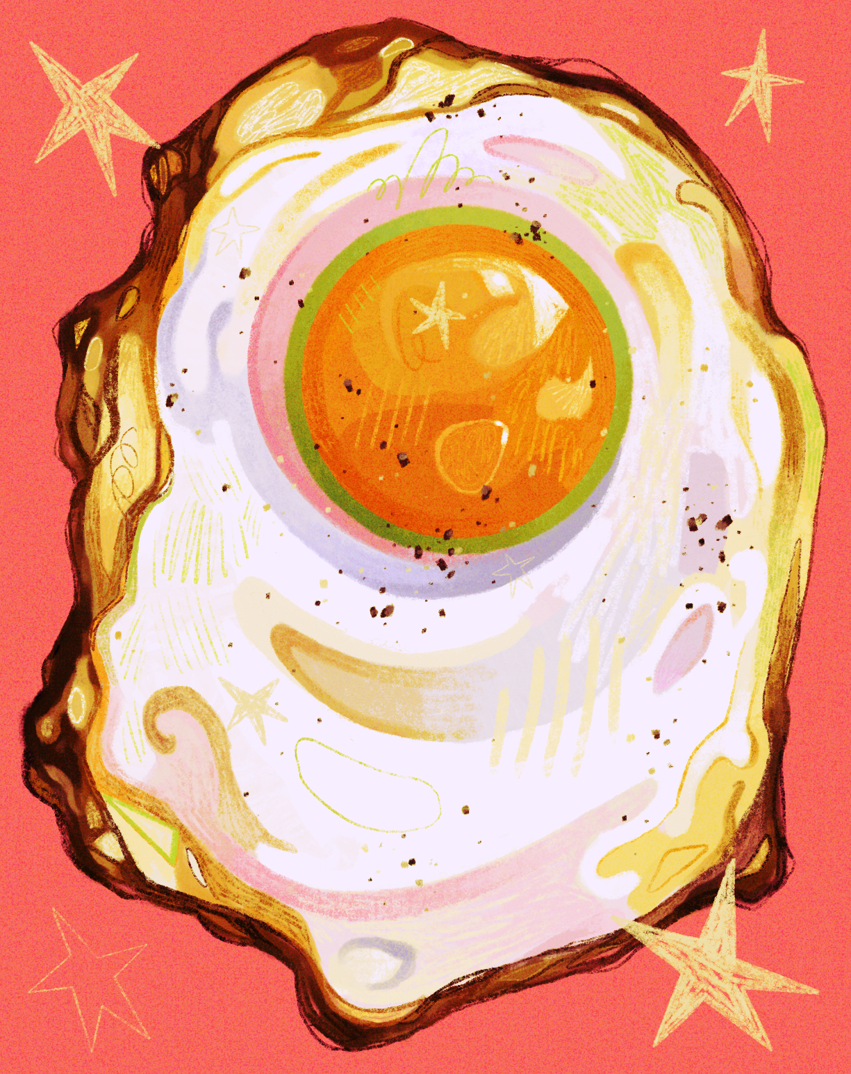 quezify, original, commentary, english commentary, highres, analogous colors, breakfast, close-up, egg, egg (food), egg yolk, film grain, food, food focus, fried egg, hatching (texture), no humans, pepper (spice), red background, simple background, sparkle, squiggle, star (symbol), still life, warm colored