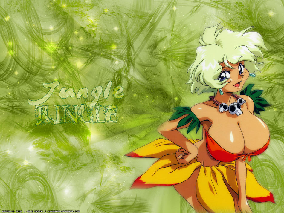 mii (jungle de ikou), jungle de ikou, official art, 1990s (style), bikini, blue eyes, breasts, cleavage, green hair, huge breasts, jewelry, necklace, off-shoulder bikini, off shoulder, open mouth, retro artstyle, shiny skin, skull necklace, swimsuit, tribal
