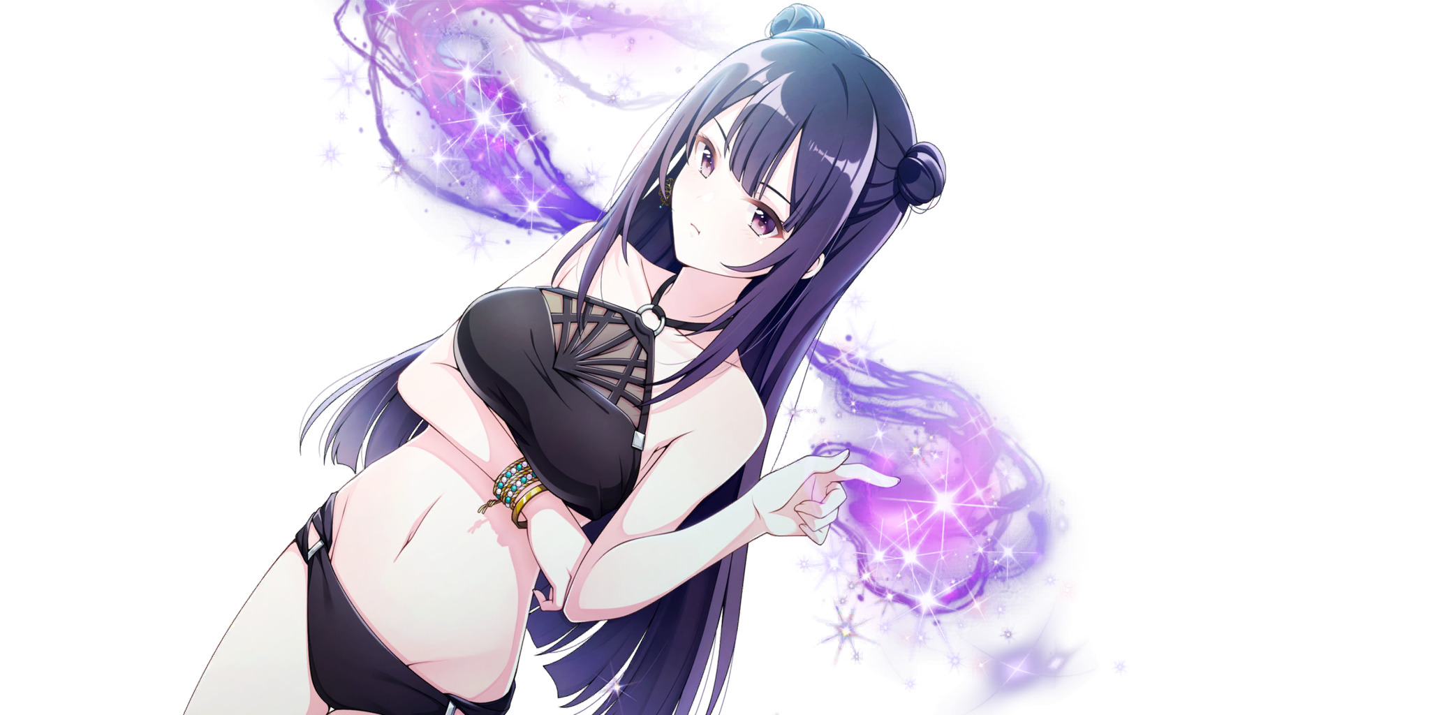 yue (lapis re:lights), lapis re:lights, game cg, highres, official art, third-party source, 1girl, :t, arm under breasts, bikini, black bikini, blunt ends, bracelet, breasts, collarbone, double-parted bangs, double bun, earrings, groin, hair bun, halterneck, index finger raised, jewelry, long hair, looking at viewer, magic, medium breasts, navel, purple eyes, purple hair, simple background, solo, straight hair, swimsuit, transparent background