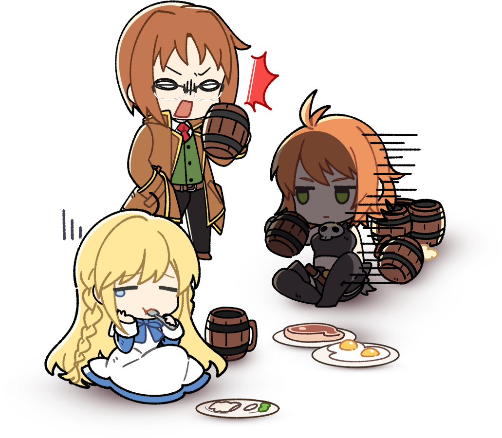 maximin liebkne, mila nebraska, tichiel juspian, nexon, tales weaver, artist request, official art, second-party source, 1boy, 2girls, alcohol, antenna hair, beer, belt, black boots, black gloves, black pants, black shorts, blonde hair, blue bow, blue dress, boots, bow, braid, brown belt, brown coat, brown hair, brown sleeves, chibi, chibi only, closed eyes, closed mouth, coat, collared shirt, crop top, cropped shirt, cup, curtained hair, dress, dress bow, egg, food, full body, glasses, gloves, green vest, holding, holding cup, holding spork, lapels, layered sleeves, legs apart, long dress, long hair, long sleeves, low-braided long hair, low-tied long hair, medium hair, multiple girls, necktie, no pupils, no sclera, notched lapels, open mouth, orange hair, pants, plate, rectangular eyewear, rectangular mouth, red necktie, shirt, short over long sleeves, short sleeves, shorts, single tear, sitting, skull ornament, spork, standing, steak, surprised, tankard, twin braids, undershirt, v-shaped eyebrows, vest, waistcoat, white dress, white eyes, white shirt, white sleeves, wing collar