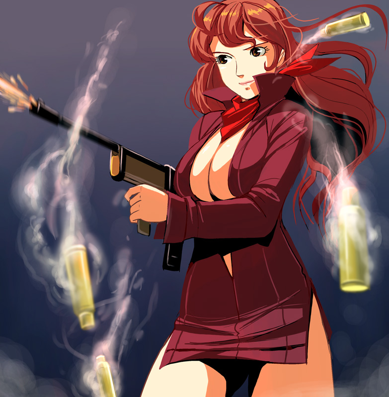 kouno (masao), mine fujiko, lupin iii, tms entertainment, bad id, bad pixiv id, 1girl, ascot, breasts, brown hair, bullet, casing ejection, cleavage, cowboy shot, female focus, firing, gun, holding, holding gun, holding weapon, huge breasts, long hair, machine gun, muzzle flash, open clothes, open shirt, scarf, shell casing, shirt, solo, weapon