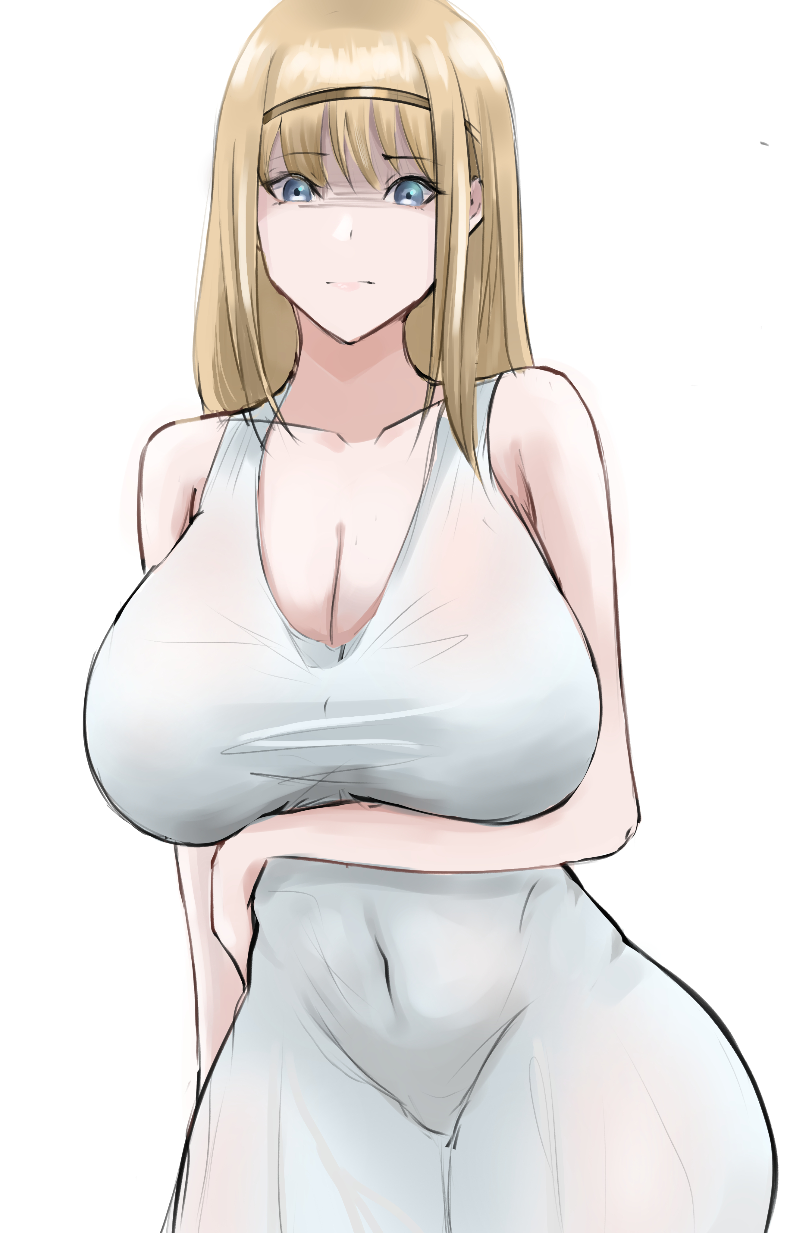 ymir fritz, shingeki no kyojin, absurdres, highres, 1girl, armpits, bare shoulders, blonde hair, blue eyes, breasts, cleavage, covered navel, dress, hairband, large breasts, long hair, looking at viewer, nagi 267, navel, solo, white background, white dress