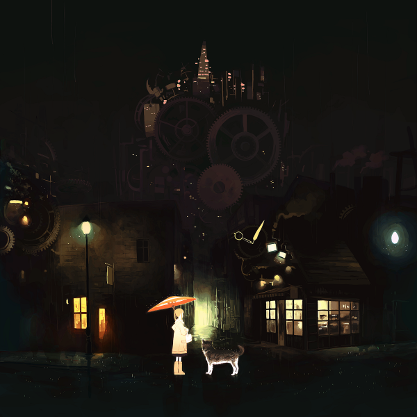 koyori (artist), kusanagi koyori, light, 1girl, dark, dog, female focus, gears, night, oil-paper umbrella, solo, steampunk, umbrella