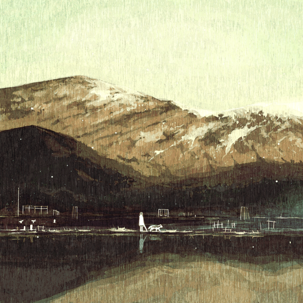 koyori (artist), kusanagi koyori, dog, landscape, mountain, scenery, snow, solo