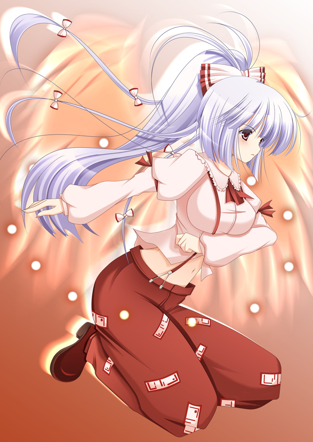 hiyori-o, hiyori (nyatto), fujiwara no mokou, touhou, silver hair, bad id, bad pixiv id, 1girl, alternate hairstyle, breasts, female focus, full body, gradient background, hair ribbon, large breasts, long hair, midriff, ponytail, red eyes, ribbon, solo