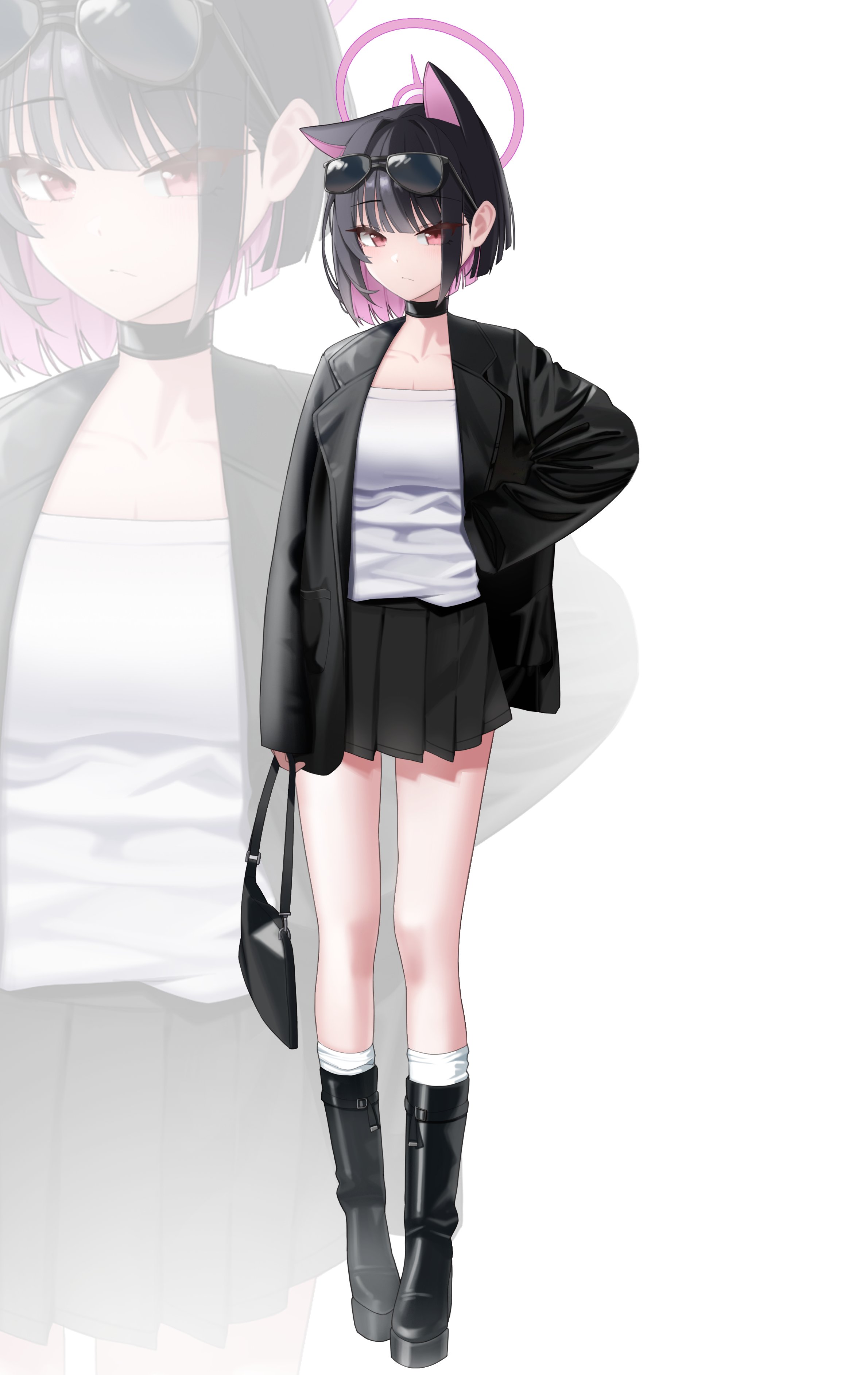 marks (dmhunsu10), kazusa (blue archive), blue archive, absurdres, highres, 1girl, bag, black bag, black boots, black choker, black hair, black jacket, black skirt, boots, choker, eyewear on head, halo, handbag, jacket, looking at viewer, medium hair, multicolored hair, pink eyes, pink hair, pink halo, shirt, skirt, socks, solo, sunglasses, thighs, two-tone hair, white background, white shirt, white socks