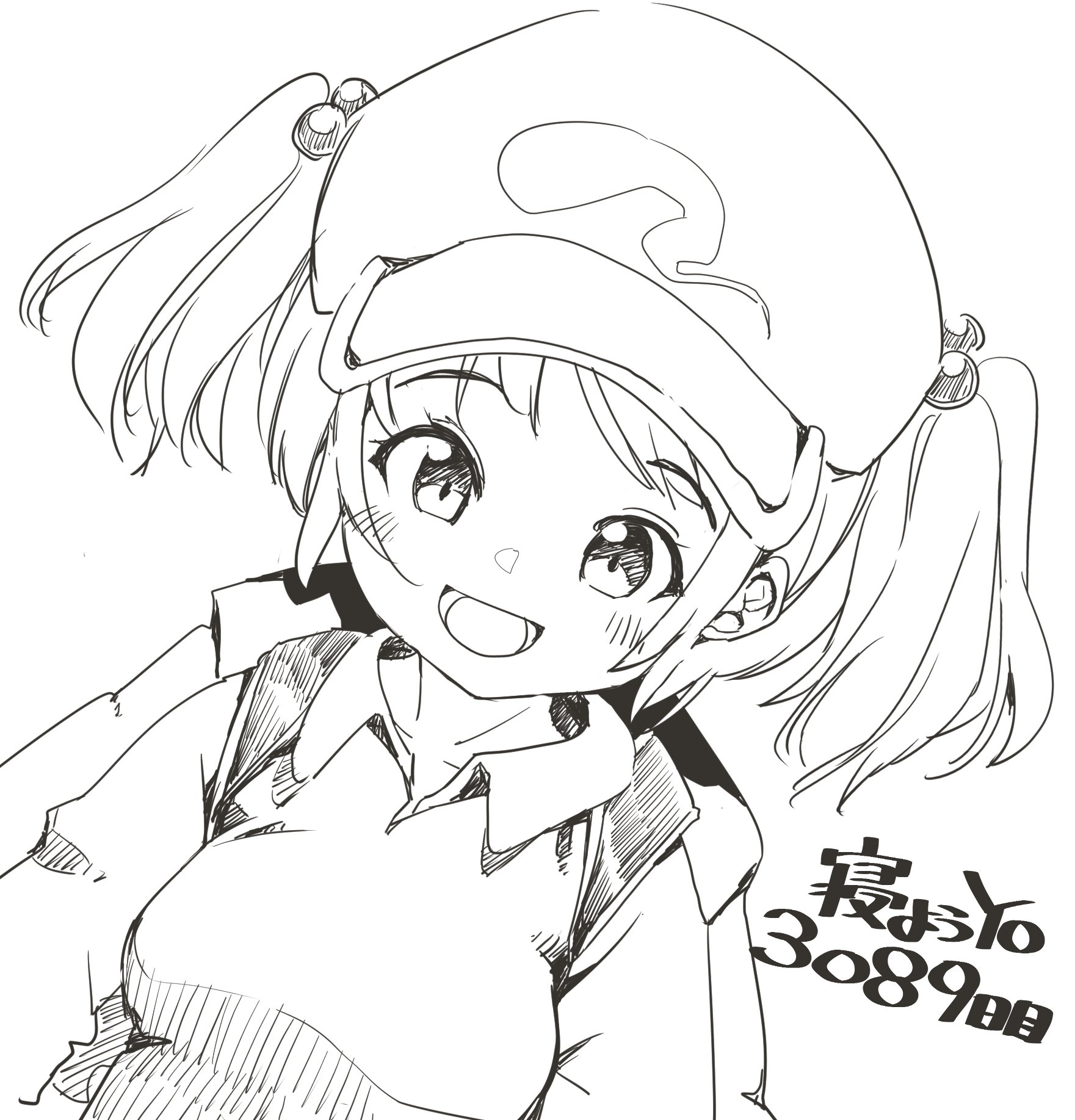 cactas7, kawashiro nitori, touhou, highres, 1girl, backpack, bag, blush, breasts, collarbone, flat cap, hair bobbles, hair ornament, hat, looking at viewer, medium breasts, monochrome, open mouth, smile, solo, upper body