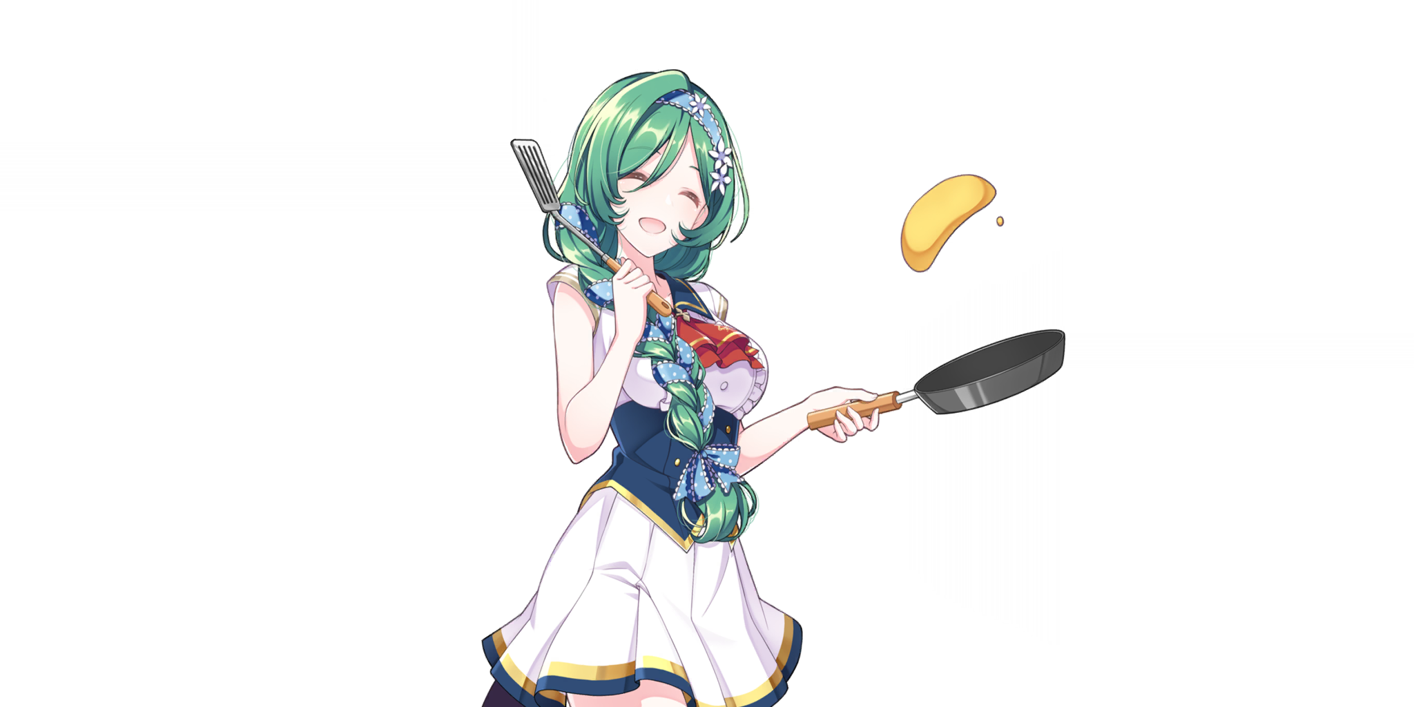 millefeuille (lapis re:lights), lapis re:lights, game cg, highres, official art, third-party source, 1girl, blue bow, blue corset, blue ribbon, blue sailor collar, bow, braid, breasts, buttons, closed eyes, corset, cowboy shot, double-breasted, dress, facing viewer, flipping food, flower, food, frying pan, green hair, hair bow, hair flower, hair ornament, hair ribbon, holding, holding frying pan, holding spatula, long braid, long hair, medium breasts, open mouth, polka dot, polka dot bow, ribbon, sailor collar, school uniform, short sleeves, simple background, single braid, skirt, smile, solo, spatula, transparent background, white dress, white flower, white skirt