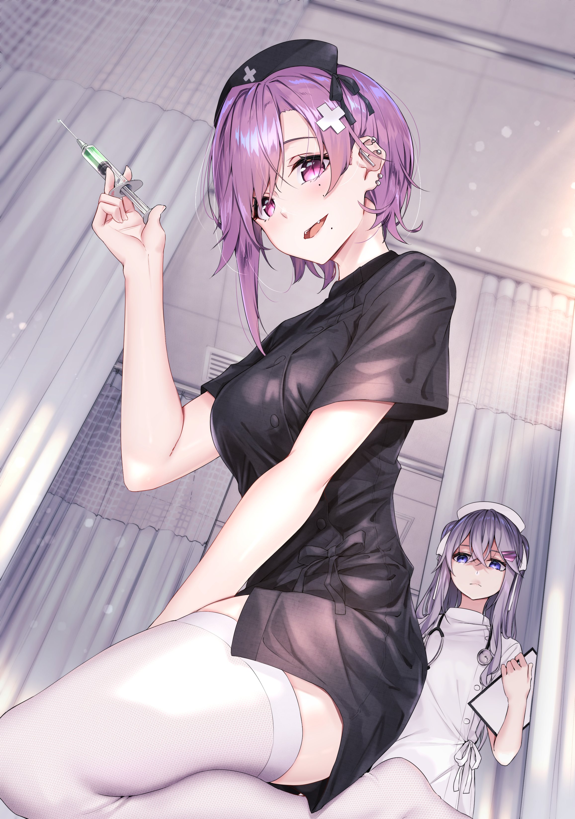 sahara386, hebizono kyouko, shiroi shizuku, kamikakushi no eden, absurdres, commentary request, highres, 2girls, arm at side, barbell piercing, black dress, black hat, breasts, ceiling, clipboard, curtains, dress, dutch angle, ear piercing, earrings, hair ornament, hand up, hat, holding, holding clipboard, holding syringe, indoors, industrial piercing, jewelry, large breasts, long hair, looking at viewer, mole, mole under eye, mole under mouth, multiple girls, no shoes, nurse cap, open mouth, piercing, purple eyes, purple hair, short dress, short hair, short sleeves, slit pupils, smile, solo focus, stud earrings, syringe, thighhighs, tile ceiling, tiles, turning head, white dress, white hat, white thighhighs, x hair ornament