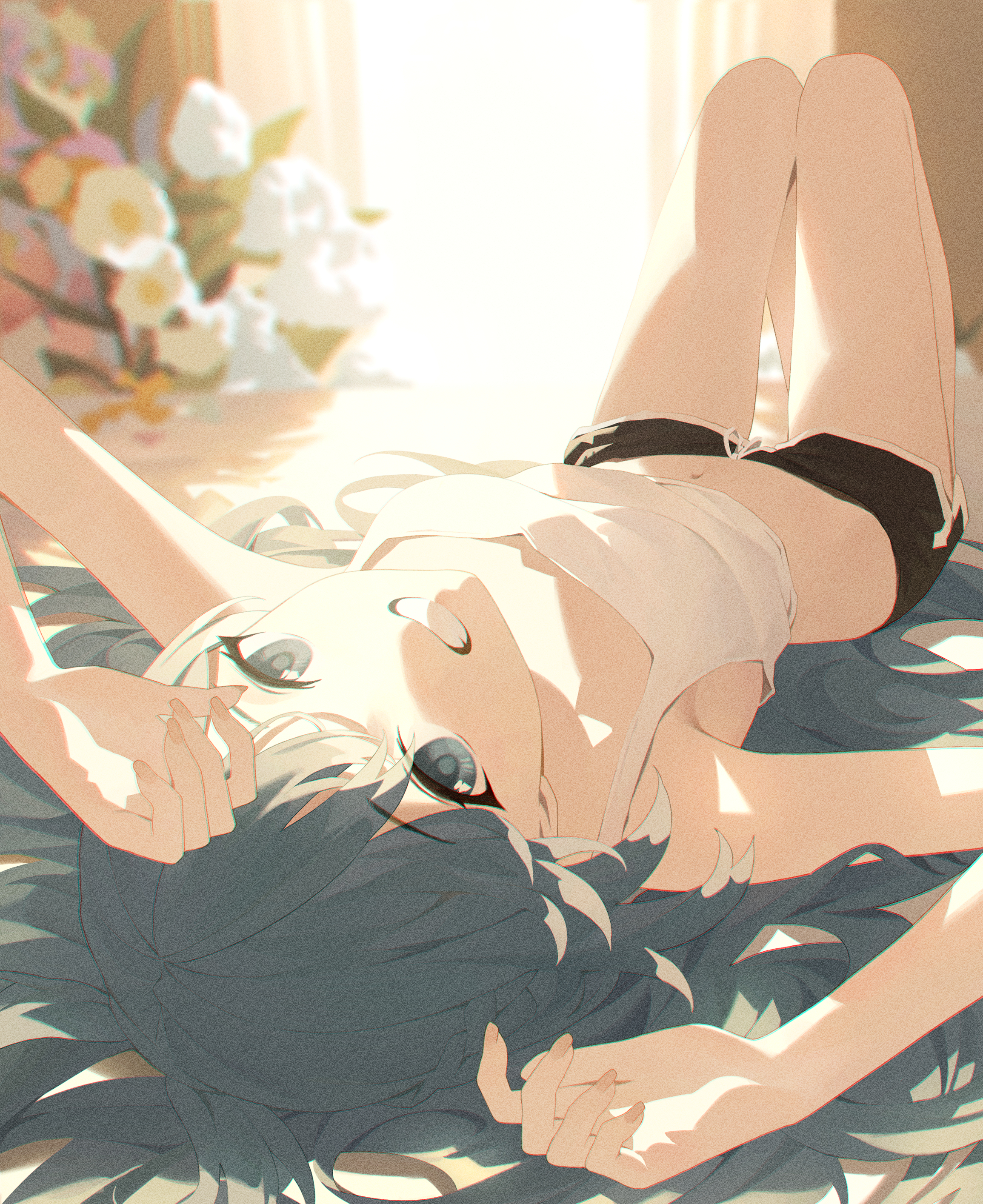 pozi, kobo kanaeru, hololive, absurdres, chinese commentary, commentary request, highres, 1girl, arms up, black shorts, blurry, blurry background, crop top, day, depth of field, dolphin shorts, film grain, fingernails, full body, grey eyes, grey hair, grin, hair spread out, indoors, knees up, long hair, lying, midriff, navel, on back, short shorts, shorts, smile, solo, tank top, very long hair, virtual youtuber, white tank top
